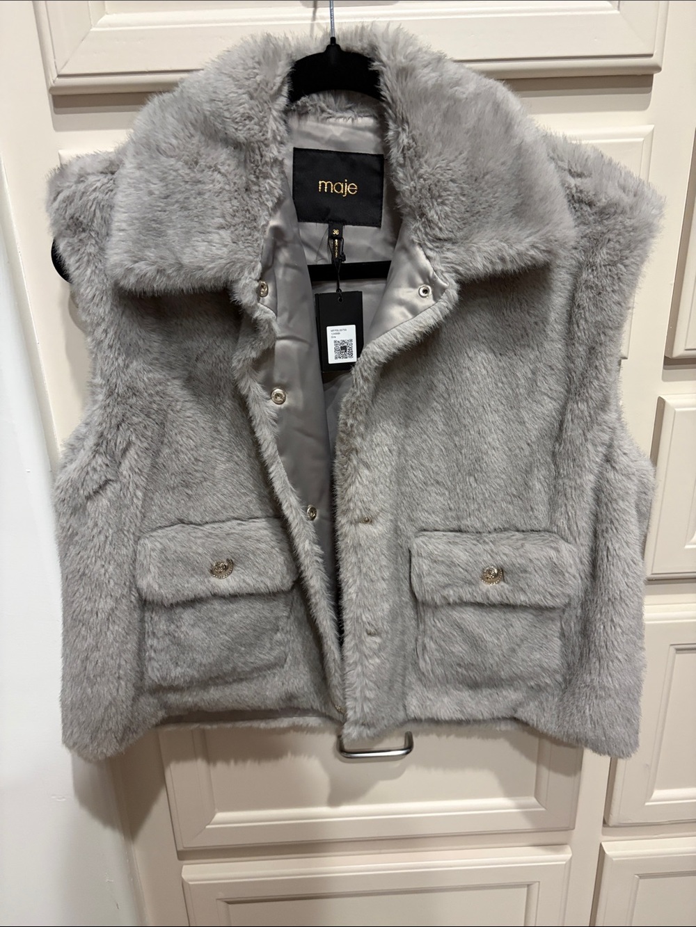 Maje Light Gray Faux Fur Sleeveless Vest with Flap Pockets
